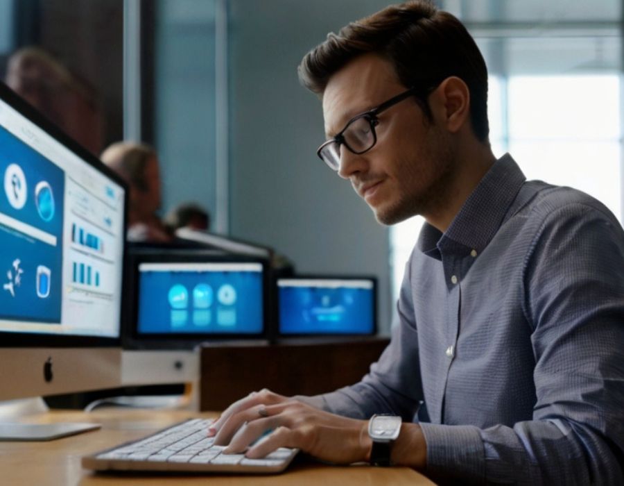 a man sitting at a desk keying words into the computer using the keyboard