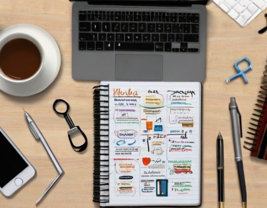 a table with content writing tools and an open laptop