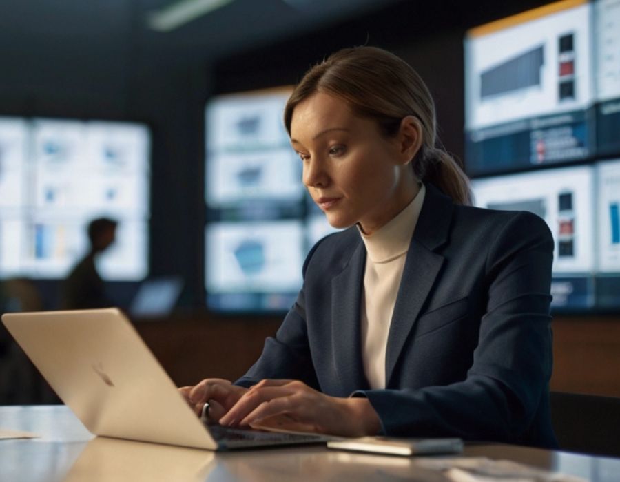 a woman sitting at a desk using a laptop