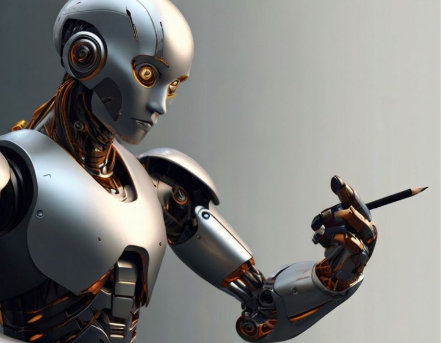 a robot holding a pencil