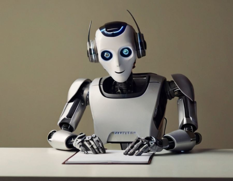 a robot sitting behind a desk with a smiley face