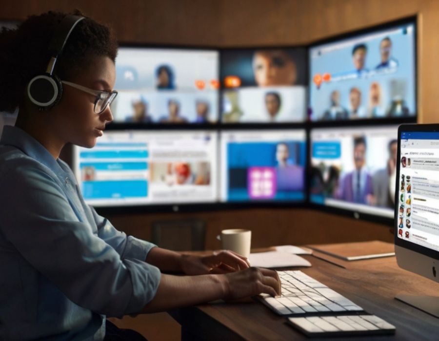 a woman operating a computer while surrounded by many screens