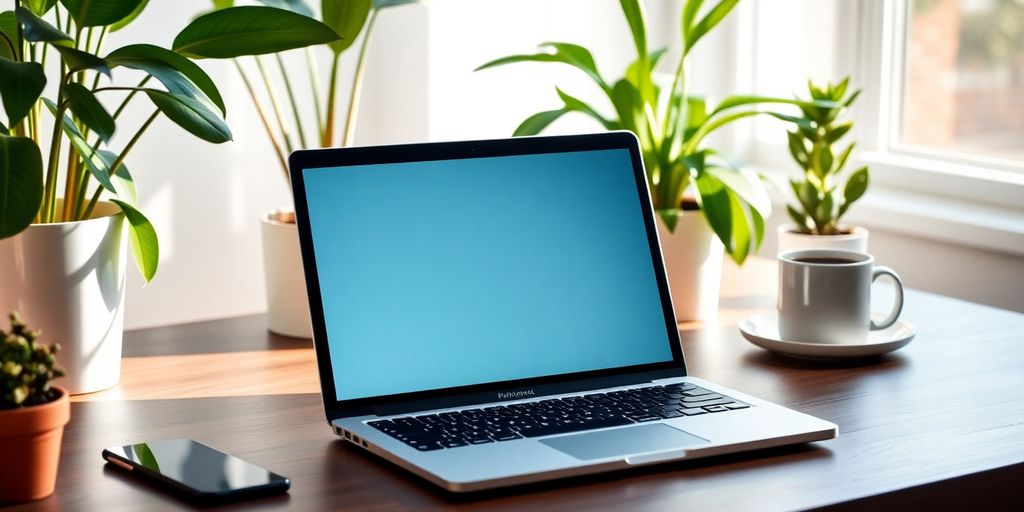 Laptop on a desk with plants and coffee cup