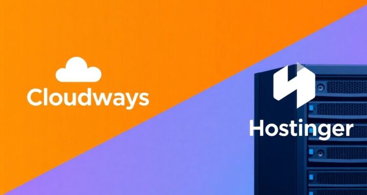 Cloudways and Hostinger logos on a split-screen background.