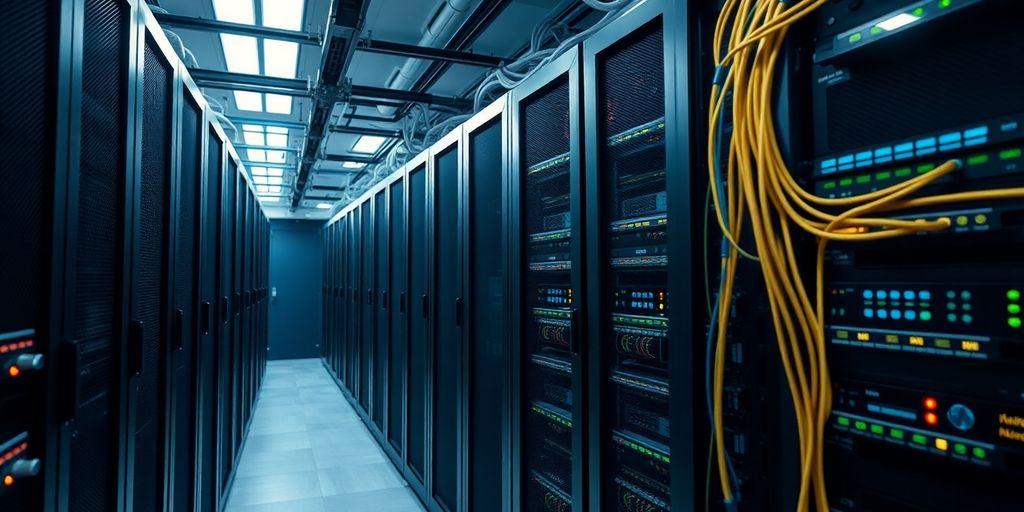 Secure server room with multiple servers and cables.