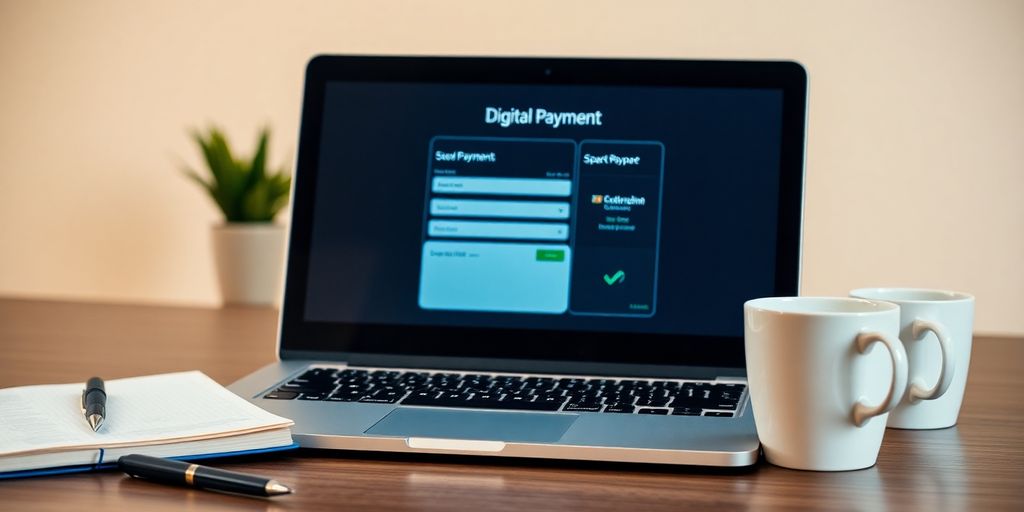 Laptop and coffee on a desk with payment interface.
